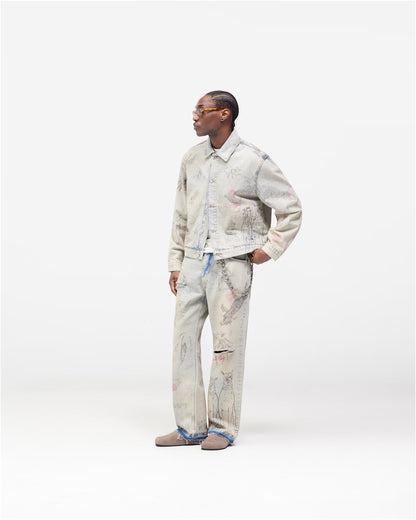 Represent Sketch Allover Print Denim Jacket Heavy Washed Distressed Oversized Short Trucker Streetwear | Rept Sketch