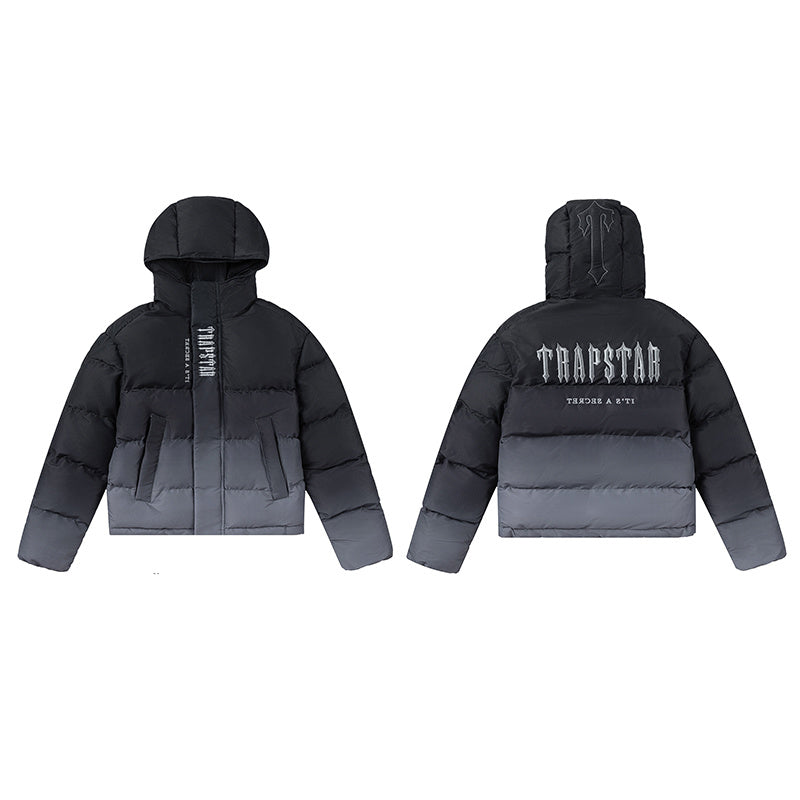 Trapstar black and gray hooded puffer jacket with quilted panels, full zip closure, and front pockets - view 14