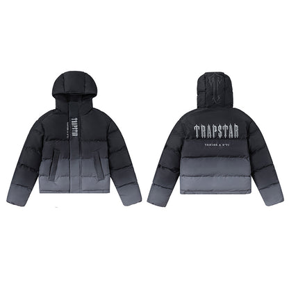 Trapstar Black and Gray Hooded Puffer Jacket, Quilted Zip-Up Streetwear Coat