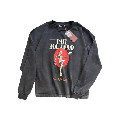 Paly Hollywood Vintage Graphic Print Long Sleeve Oversized Tee Washed Cotton Retro Streetwear Top | Paly Sunset