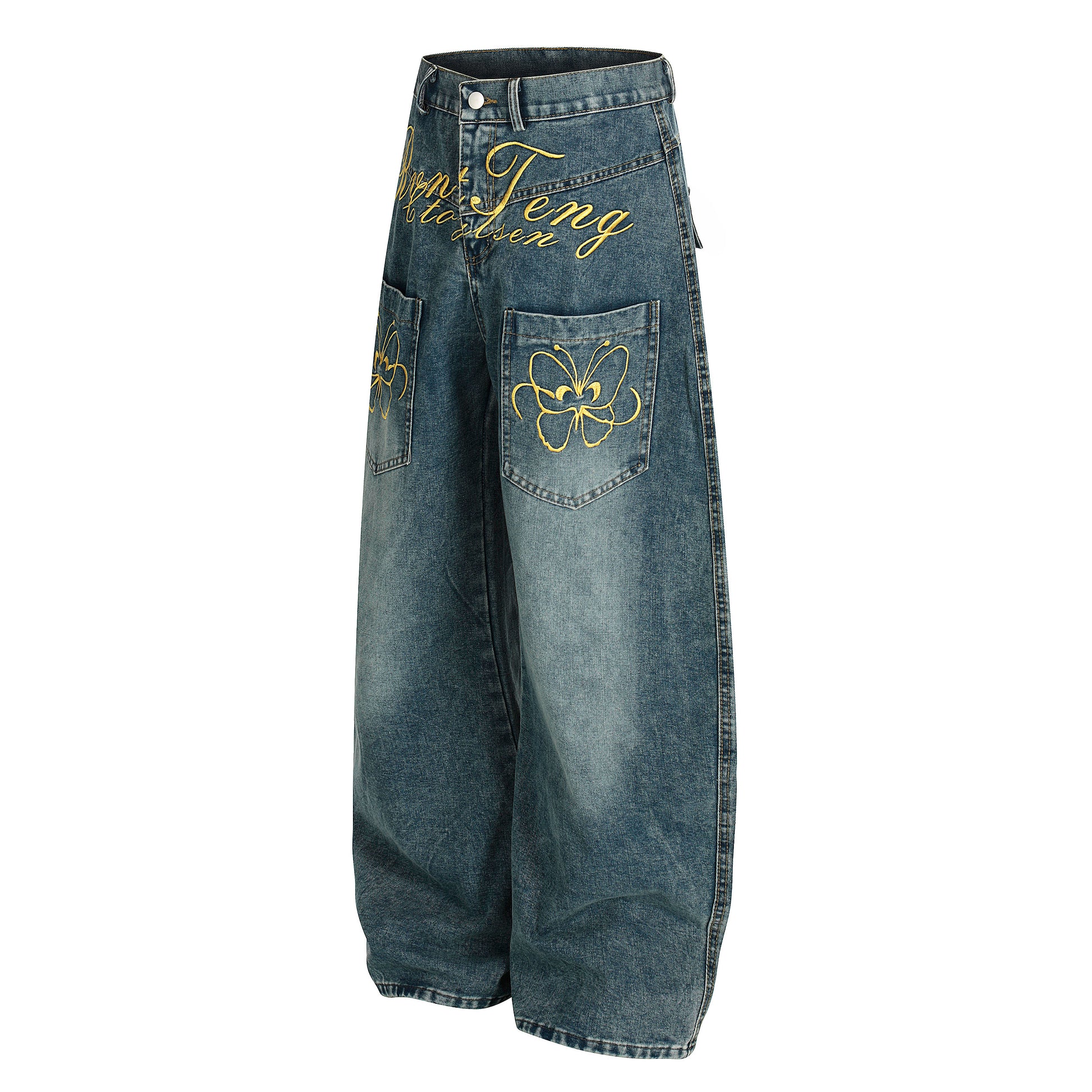 Women's RyntFeng Toysen Gold Script Floral Embroidery Balloon Wide Leg Denim Jeans - Blue Back View