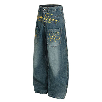 Women's RyntFeng Toysen Gold Script Floral Embroidery Balloon Wide Leg Denim Jeans High Waist Y2K Streetwear Baggy Jean Pants