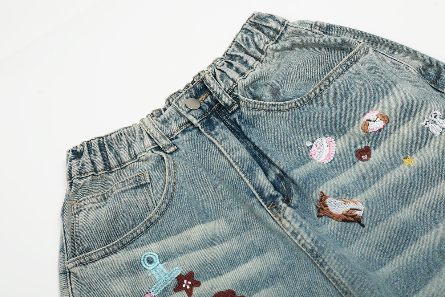 Cartoon Embroidery Scatter Patch Wide Leg Jeans Elastic Waist Washed Denim Bear Star Bow Y2K Harajuku