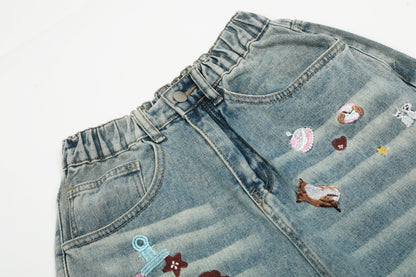 Cartoon Embroidery Scatter Patch Wide Leg Jeans Elastic Waist Washed Denim Bear Star Bow Y2K Harajuku