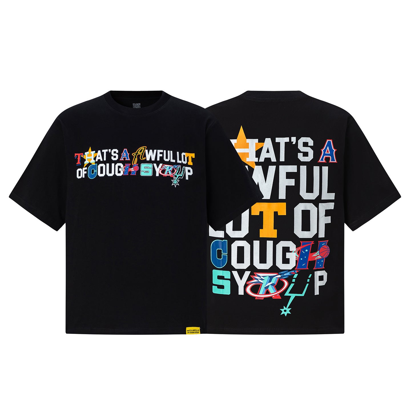 Black short sleeve graphic T-shirt with colorful basketball-inspired front and back print - view 14