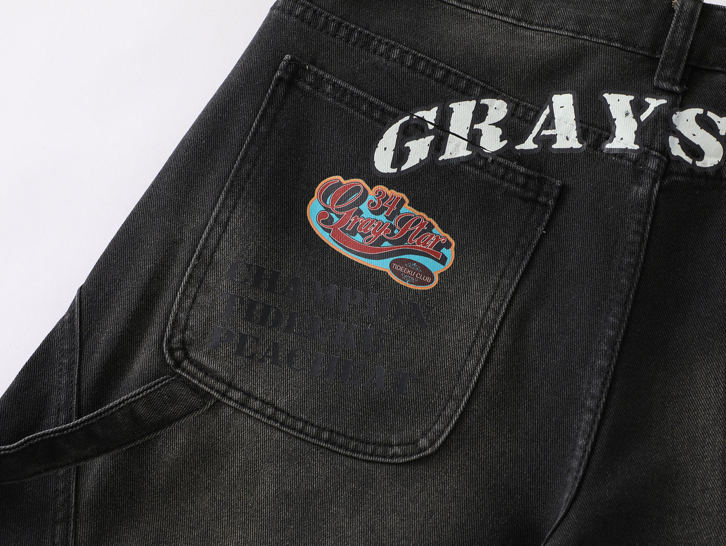 GRAYSTAR Patch Embroidered Cargo Jeans Wide Leg High Waist Washed Black Diagonal Seam Streetwear Denim Trousers | Gray Star