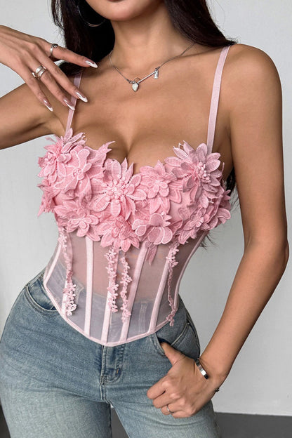 Women's Pink Floral Lace Mesh Bustier Cami Top Sexy Spaghetti Strap Slim Fit Sleeveless Summer Going Out Party Date Night Top