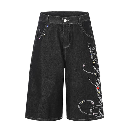 Women's Script Embroidery Rhinestone Wide Leg Denim Shorts High Waist Washed Casual Streetwear Jean Shorts