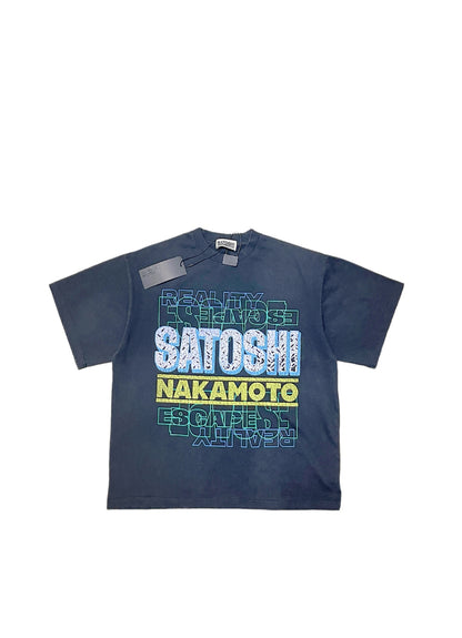 Satoshi Nakamoto Stack Letter Logo Tee Washed Navy 300g Heavy Cracked Print Distressed Raw Hem Streetwear Short Sleeve | Stack Reality Tee