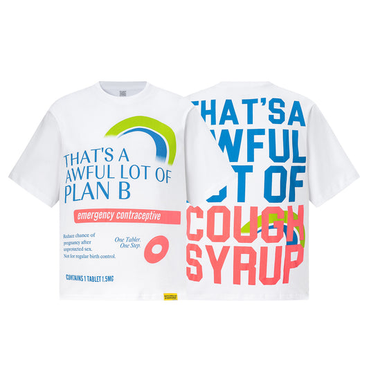 White unisex graphic T-shirt with colorful Plan B and cough syrup text print on the front and back - view 15