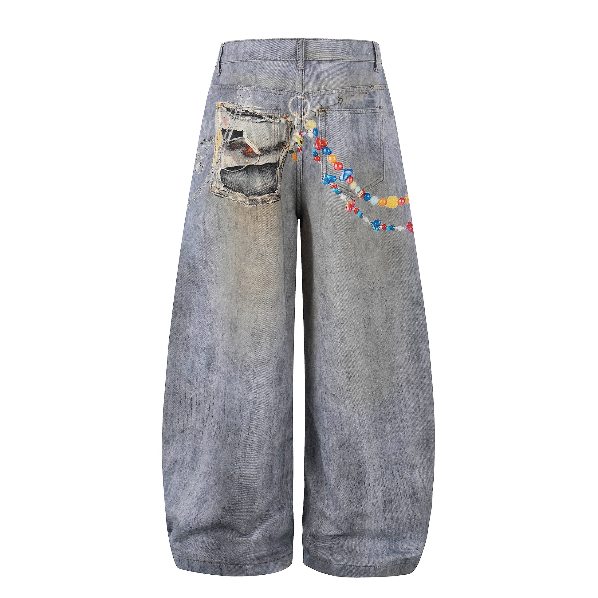 Women's Plush Doll Charm Chain Distressed Wide Leg Denim Jeans - Side View