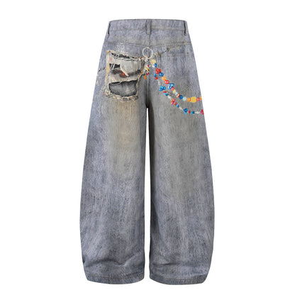 Women's Plush Doll Charm Chain Distressed Ripped Wide Leg Denim Jeans High Waist Beaded Y2K Streetwear Baggy Jeans