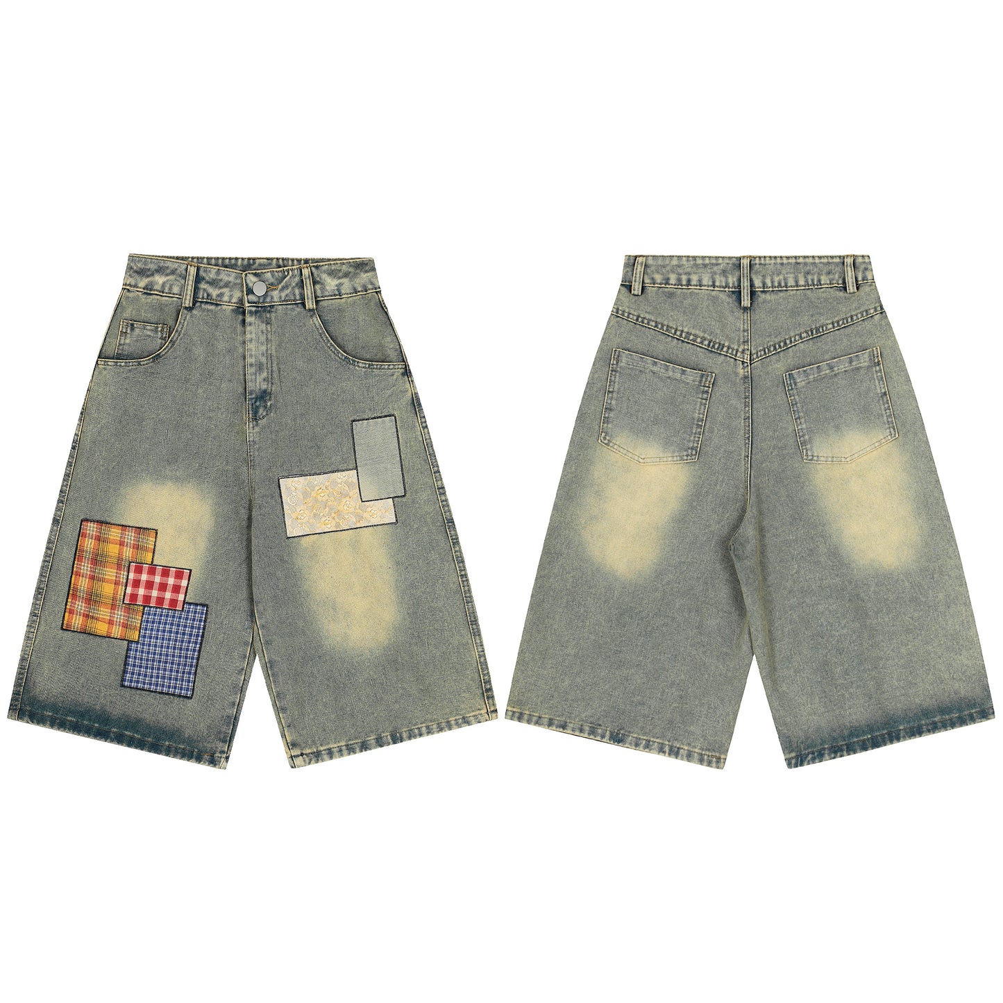 Women's Multicolor Plaid Patchwork Wide Leg Denim Shorts - Blue Detail View