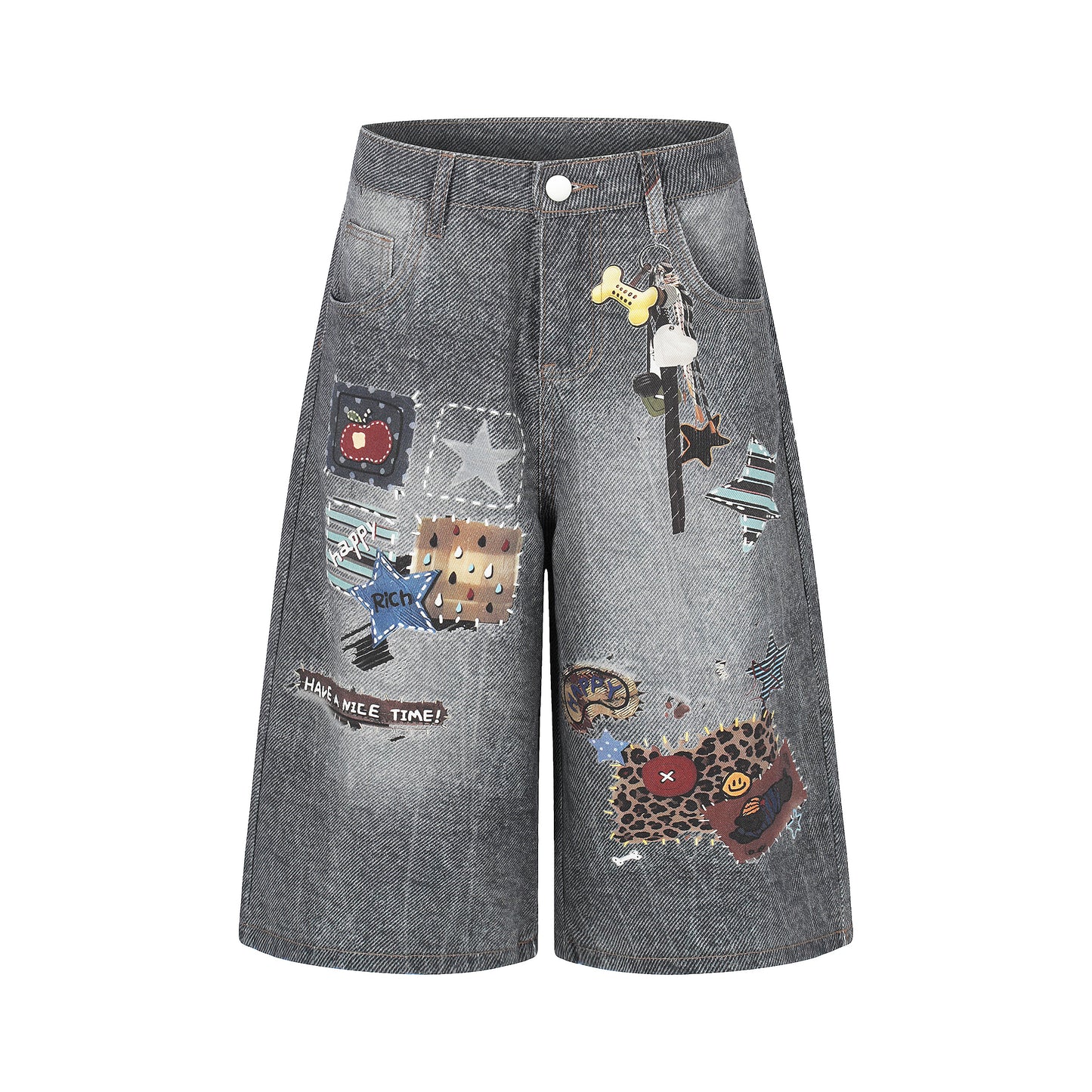 Women's Multi Patch Embroidery Charm Washed Denim Shorts - Side View