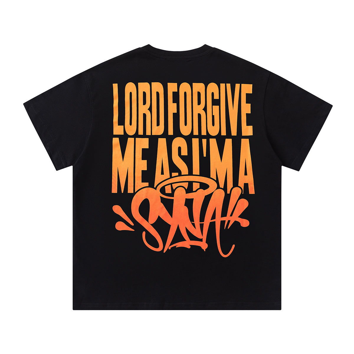 Black SATTAK unisex crew neck T-shirt with orange chest and large back graphic - view 15