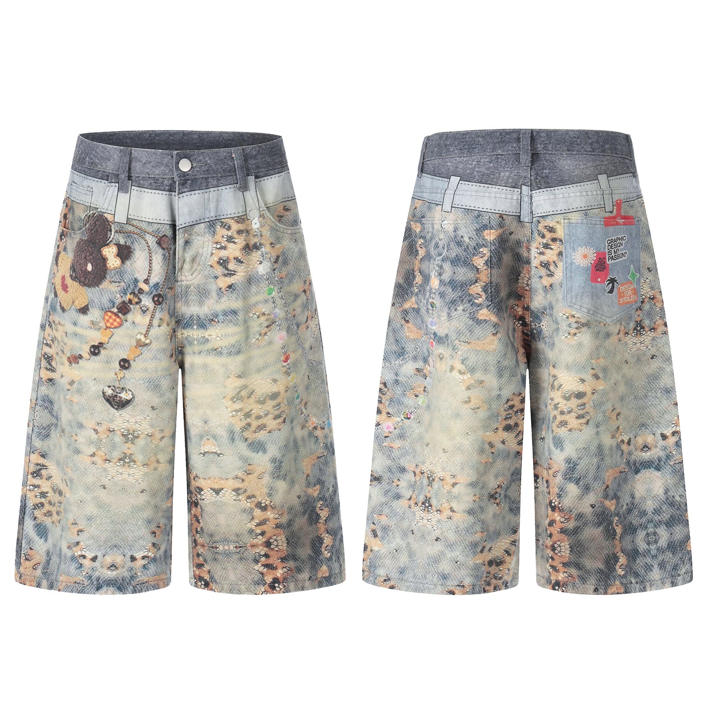 Women's Allover Graphic Print Bear Charm Chain High Waist Wide Leg Denim Shorts Y2K Streetwear Bermuda Jean Shorts