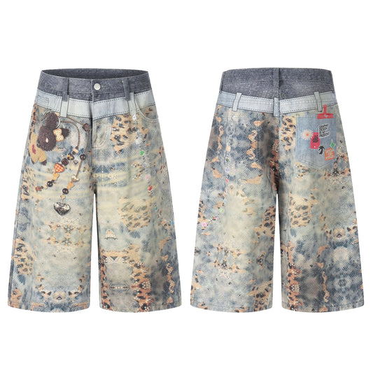 Women's Allover Graphic Print Bear Charm Chain High Waist Wide Leg Denim Shorts Y2K Streetwear Bermuda Jean Shorts