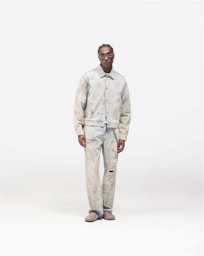 Represent Sketch Allover Print Denim Jacket Heavy Washed Distressed Oversized Short Trucker Streetwear | Rept Sketch