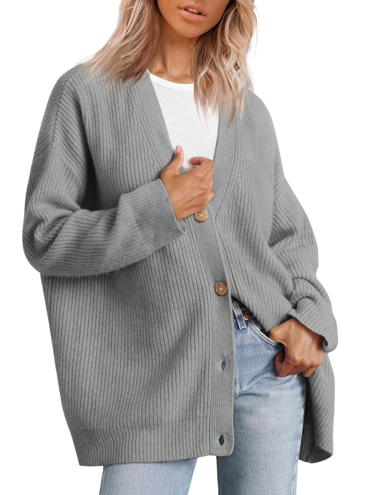 LILLUSORY Kvinnor Oversized Cardigan Tröja Höstoutfits Tyg Mode V-ringad Stickad Knapp Fram Casual Trendiga Toppar