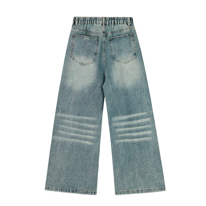 Cartoon Embroidery Scatter Patch Wide Leg Jeans Elastic Waist Washed Denim Bear Star Bow Y2K Harajuku