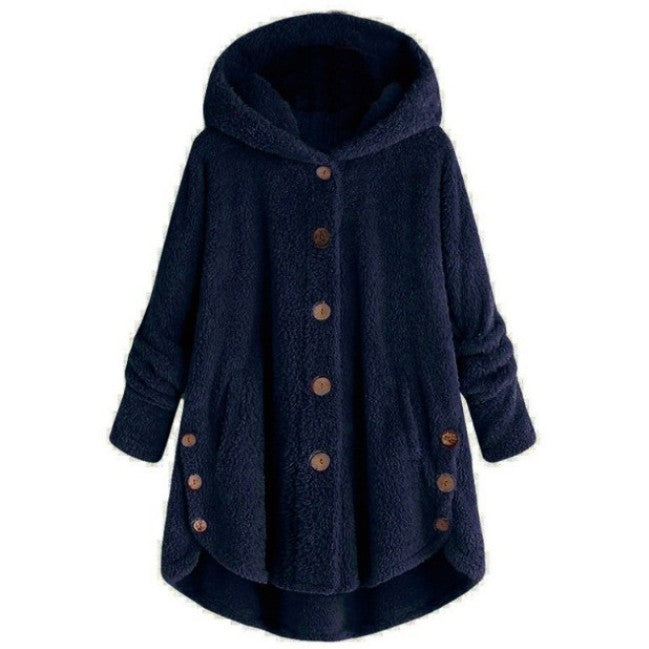 Qeaghou Thick Winter Coats for Women Causal Cute Sherpa Coats Fuzzy Fleece Warm Coats Button Down Long Sleeve Hooded Coat