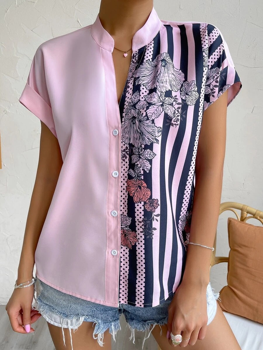 Women's summer new style double-color contrasting flower button cardigan short-sleeved shirt for women