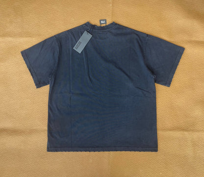 Satoshi Nakamoto NYC Skyline Moonrise Short Sleeve Tee Washed Navy 300g Heavy Stone Wash Cracked Print Streetwear | NYC Moonrise Tee