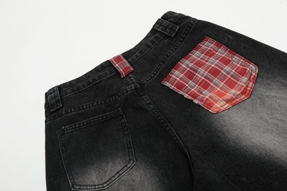 Red Plaid Patch Star Embroidery Wide Leg Jeans Washed Denim Patchwork Baggy Y2K Streetwear