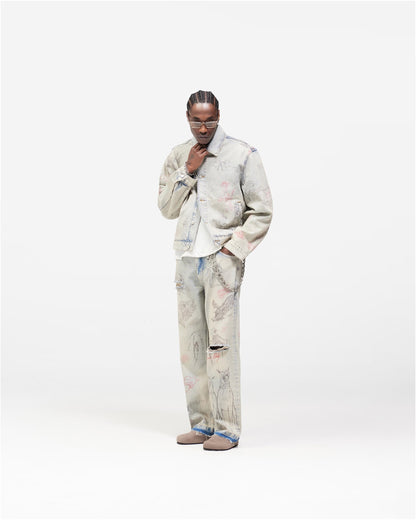 Represent Sketch Allover Print Wide Leg Jeans Heavy Washed Distressed Ripped Raw Hem Straight Denim | Rept Wide
