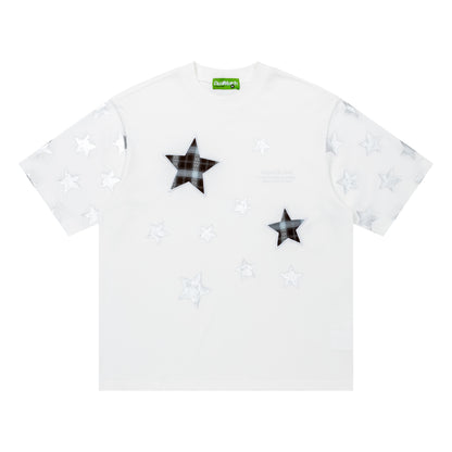 DuoMatch Suspend Luck Tartan Star Applique Oversized Tee Plaid Patch Allover Star Print Streetwear Short Sleeve T-Shirt