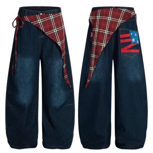 Women's Red Plaid Triangle Waist Z Flag Balloon Wide Leg Denim Jeans - Blue Front View 2