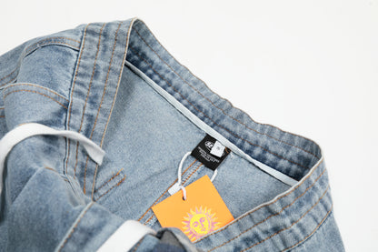Plaid Scarf Waist Tie Drawstring Wide Leg Jeans Cargo Pocket Hem Slit Baggy Denim Y2K Streetwear