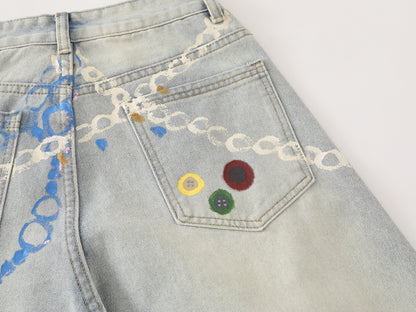 Graphic Chain Print Wide Leg Baggy Jeans Washed Denim High Waist Streetwear Y2K Casual Pants
