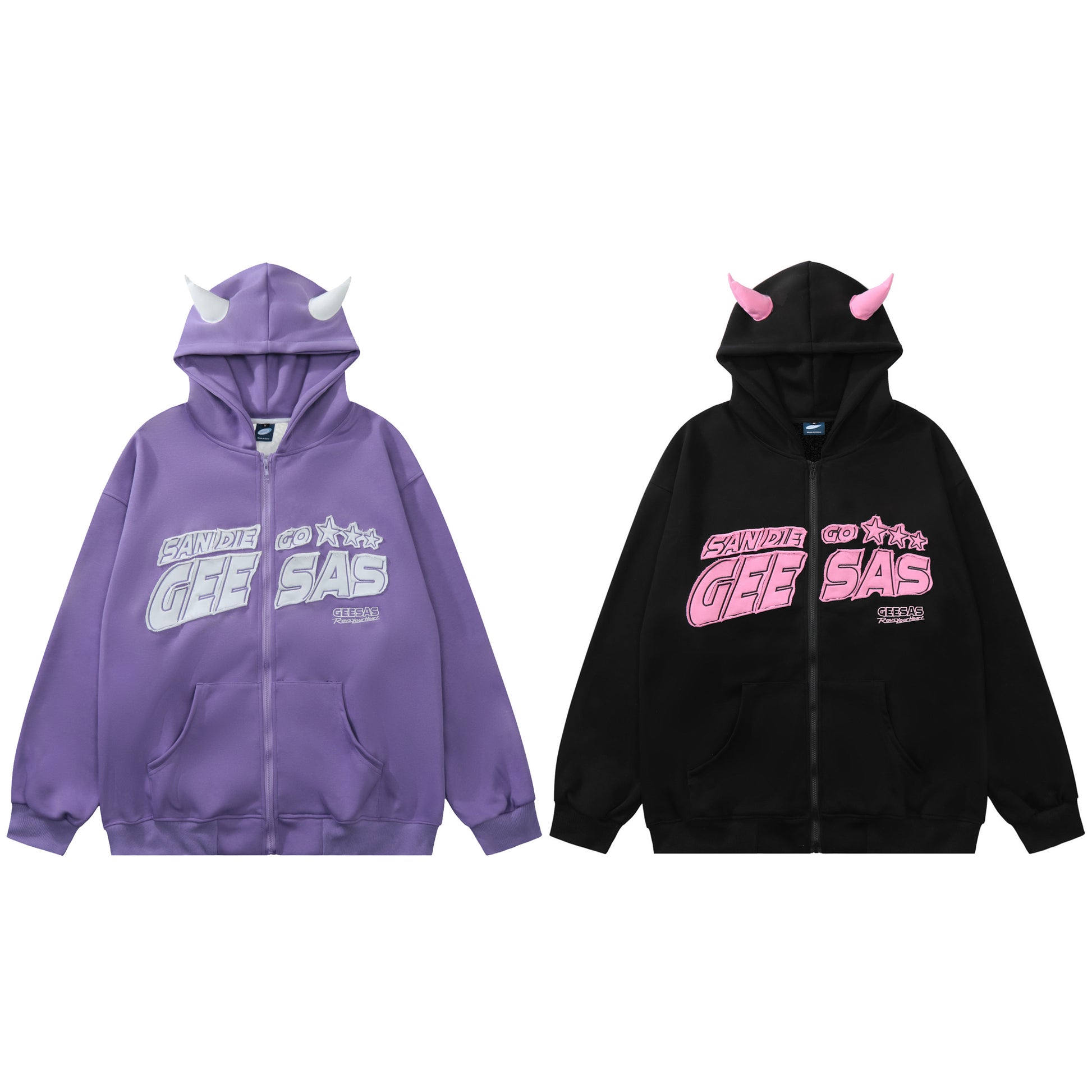 Devil Horn Fleece Zip Hoodie Purple Front