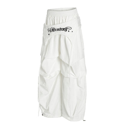 Women's Rvnteng Long-term Star Embroidery Waistband Cargo Balloon Wide Leg Pants Elastic Waist Y2K Streetwear Trousers