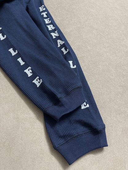 Eternal Life Graphic Print Long Sleeve Waffle Knit Oversized Tee Jesus Loves You Navy Streetwear Top | Eternal Navy