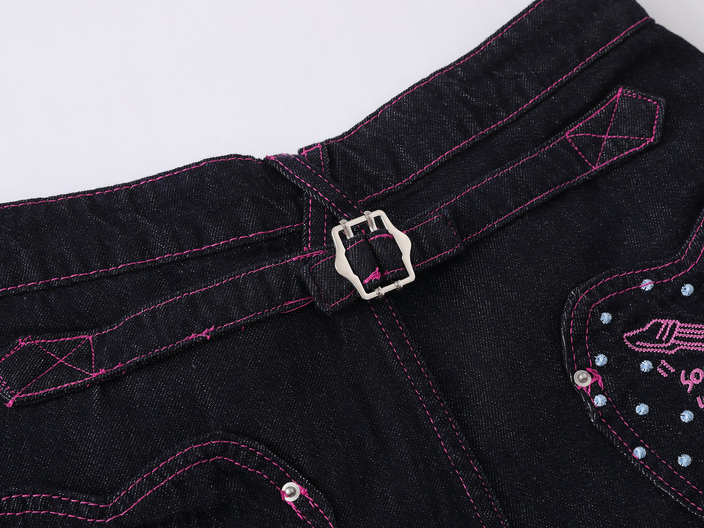 Heart Pocket Guitar Embroidery Wide Leg Denim Shorts Pink Stitch Button Fly Rhinestone Streetwear Baggy Jean Shorts | Rock Heart