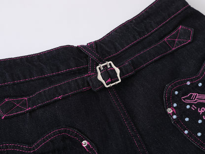 Heart Pocket Guitar Embroidery Wide Leg Denim Shorts Pink Stitch Button Fly Rhinestone Streetwear Baggy Jean Shorts | Rock Heart