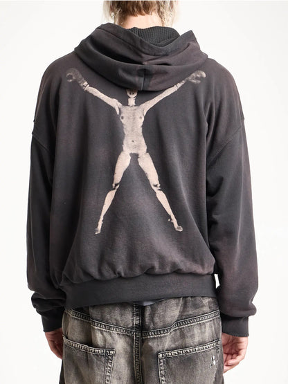 Stretched Out Thermal Lined Zip Up Hoodie - Washed Black