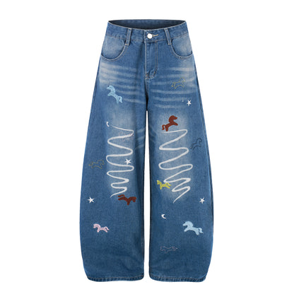 Unicorn Embroidery Wide Leg Denim Jeans High Waist Spiral Print Y2K Streetwear Casual Pants