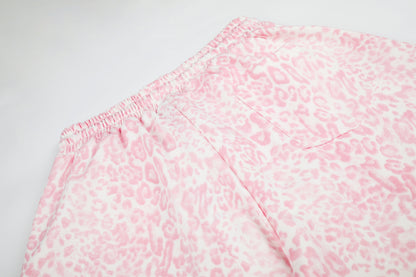 Women's Pink Leopard Print Letter Embroidery Drawstring Wide Leg Pants High Waist Elastic Waist Casual Streetwear Trousers