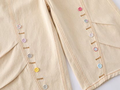 Colorful Button Embellished Wide Leg Denim Shorts Arc Seam Detail High Waist Casual Streetwear Baggy Jean Shorts | Button Row