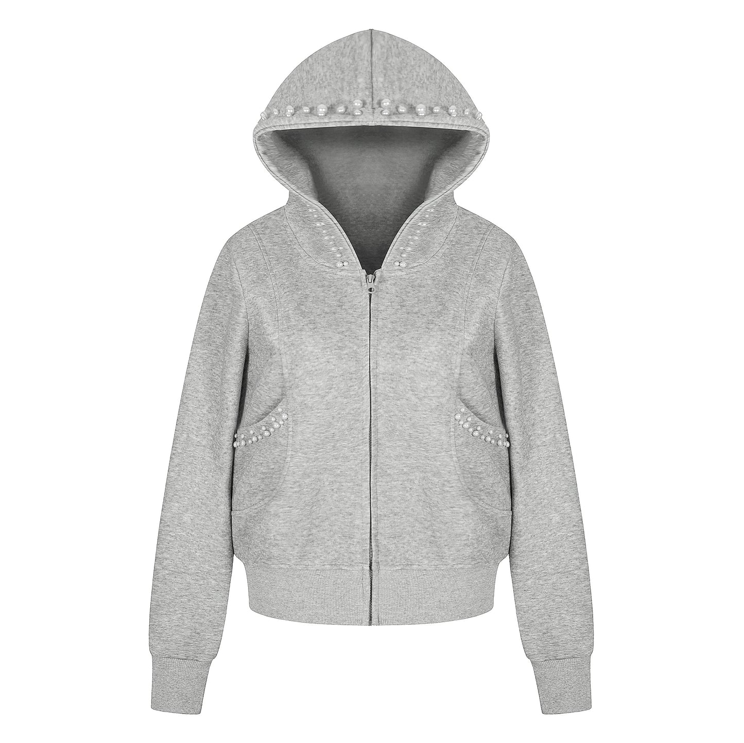 Women's RvntTeng Pearl Studded Hood Pocket Zip Hoodie - Black Front View