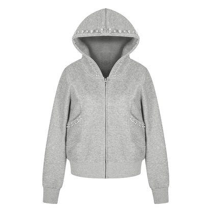 Women's RvntTeng Pearl Studded Hood Pocket Full Zip Hoodie Sweatshirt Long Sleeve Casual Streetwear Jacket