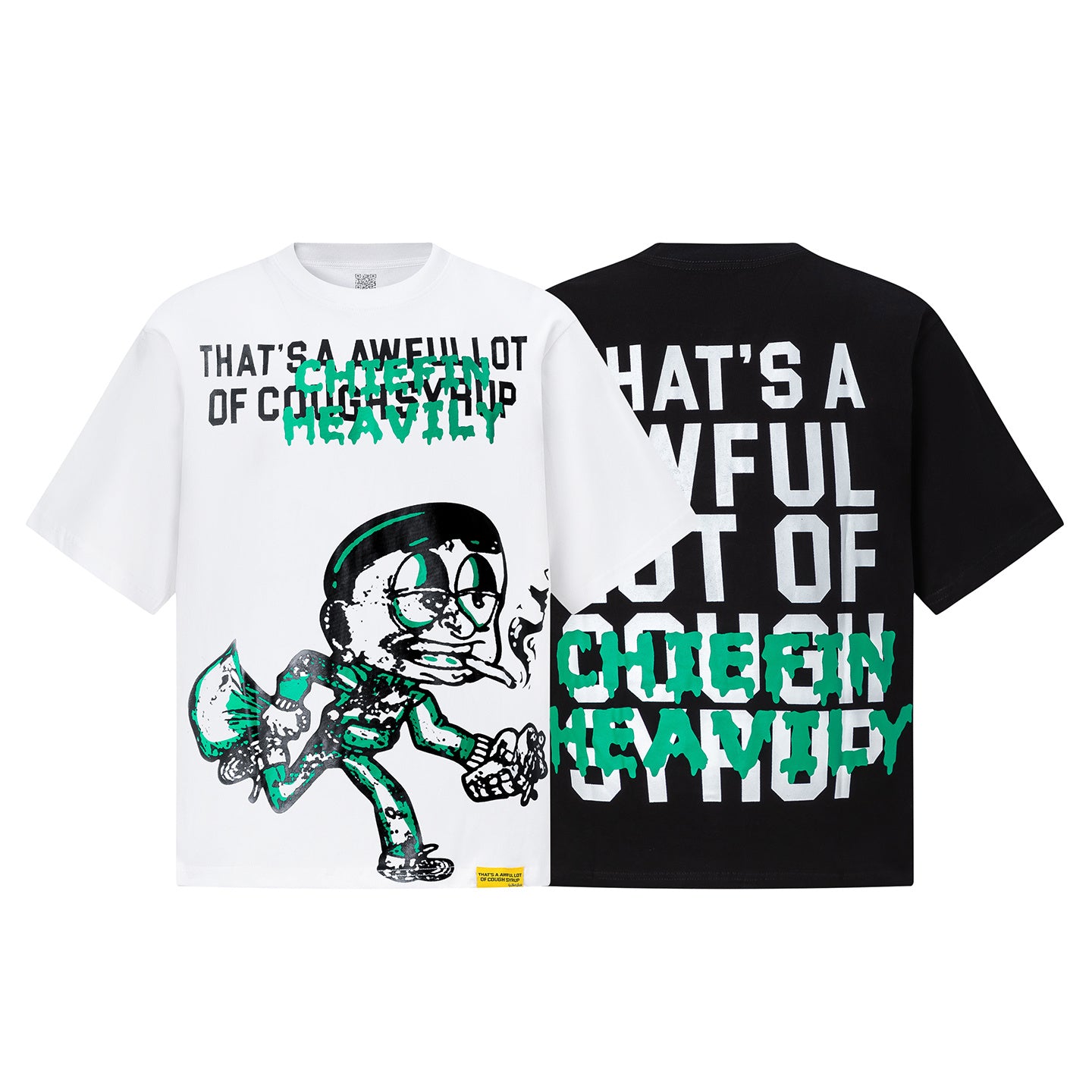 Black and white unisex graphic T-shirts with bold green Chiefln Heavy lettering and cartoon artwork - view 15