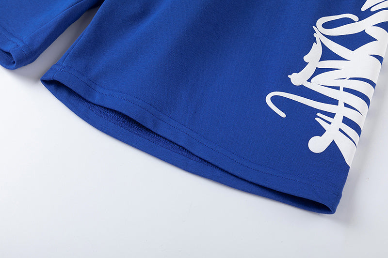 Blue unisex graphic T-shirt and shorts set with crewneck top, elastic waist shorts, and side pockets - view 15