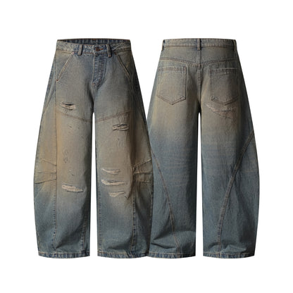 Heavy Ripped Multi-Panel Barrel Wide Leg Jeans Earth Tone Mud Wash Distressed Arc Seam High Waist Baggy Denim Trousers | Rip Arc