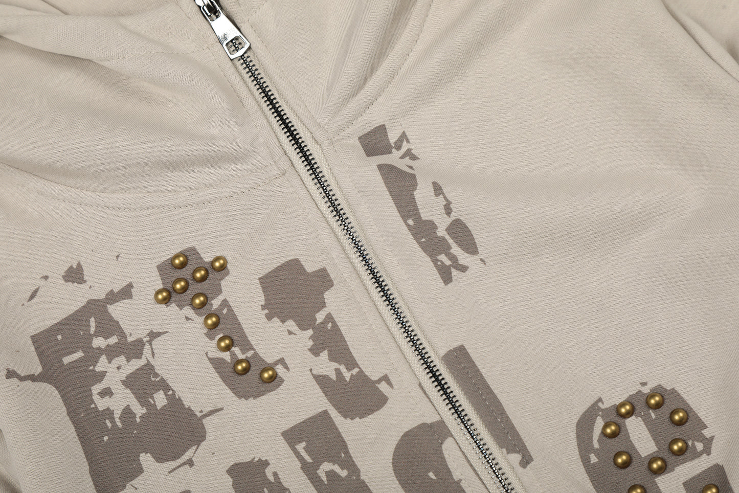 Attitude Rivet Letter Distressed Crop Zip Hoodie Studded Waist Buckle Y2K Streetwear Sweatshirt