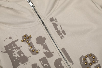 Attitude Rivet Letter Distressed Crop Zip Hoodie Studded Waist Buckle Y2K Streetwear Sweatshirt