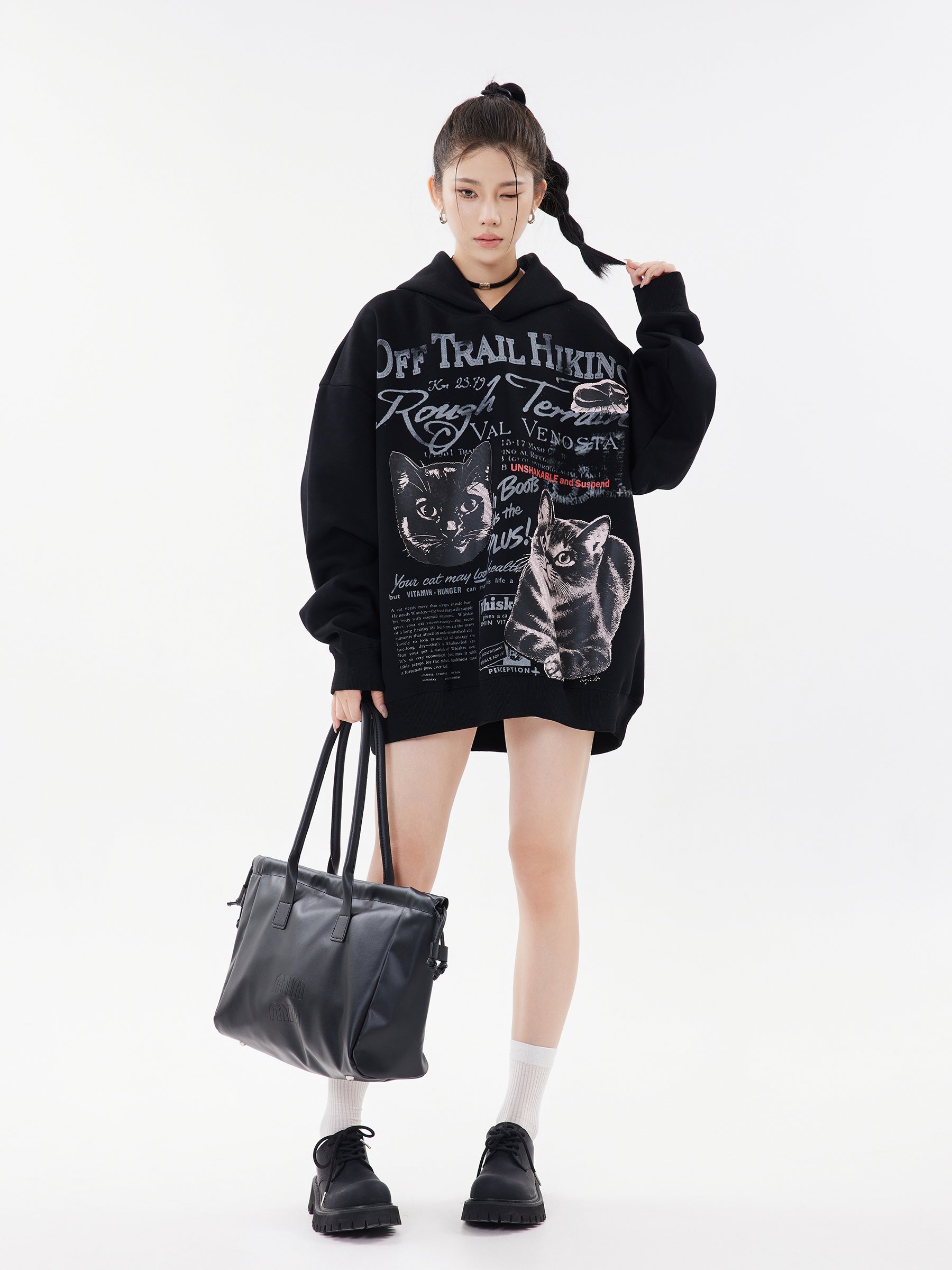 Black Off Trail Hiking hoodie front view model with bag